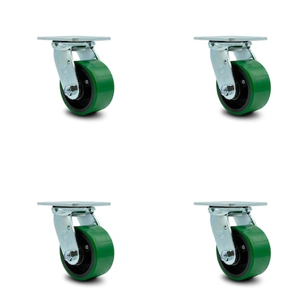 4 Inch Green Poly On Cast Iron Caster Set With Ball Bearing And Swivel Lock SCC